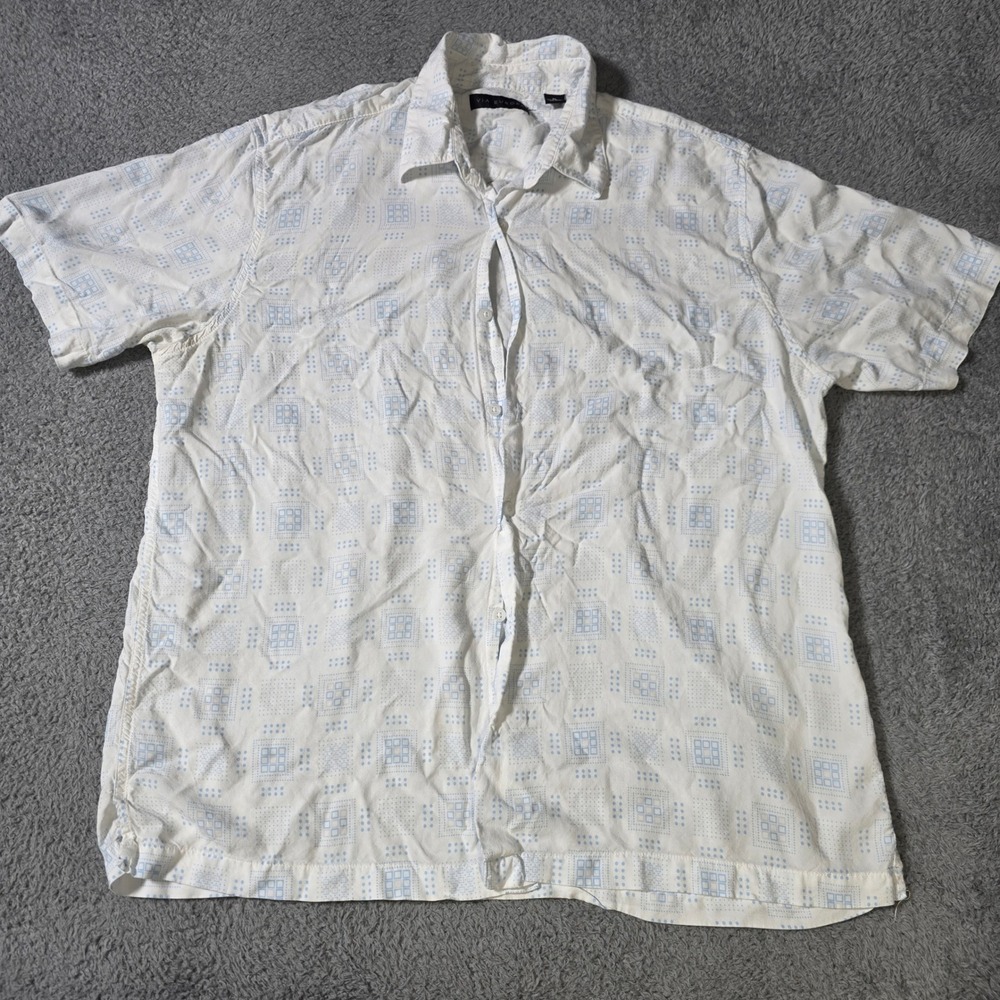 Via Europa Mens XL Button Down Shirt White Blue Geometric‎ Rayon Short Sleeve